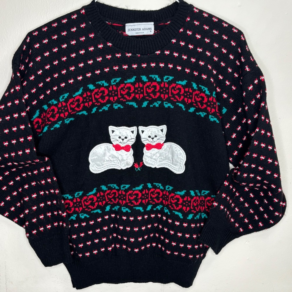 Jennifer Adams Sweater Cat Applique Vintage Womens M Black Knit Fair Isle USA